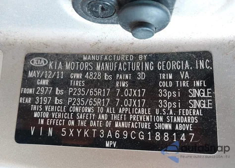 2012 Kia Sorento Lx из США, поврежденный, VIN 5XYKT3A69CG188147